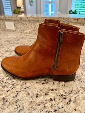 FRYE leather Carly double zipper Brown Leather Side-Zip Ankle Boots